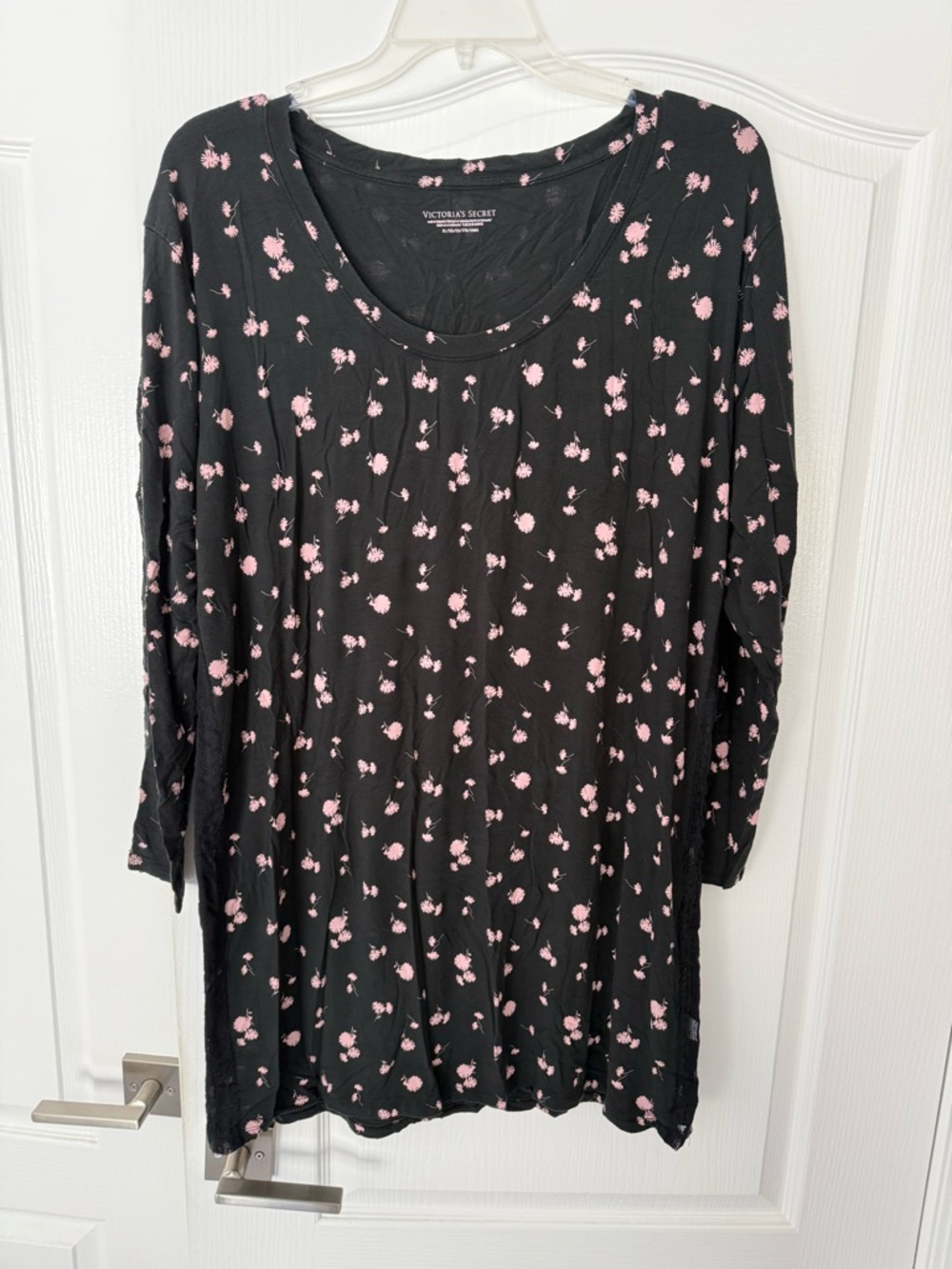 Victoria's Secret Black Nightgown with Light Pink Floral Accents, Lacy Sleeves